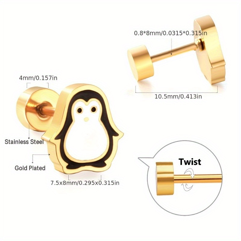 Penguin Stud Earrings in 316L Stainless Steel, Cute Animal Design