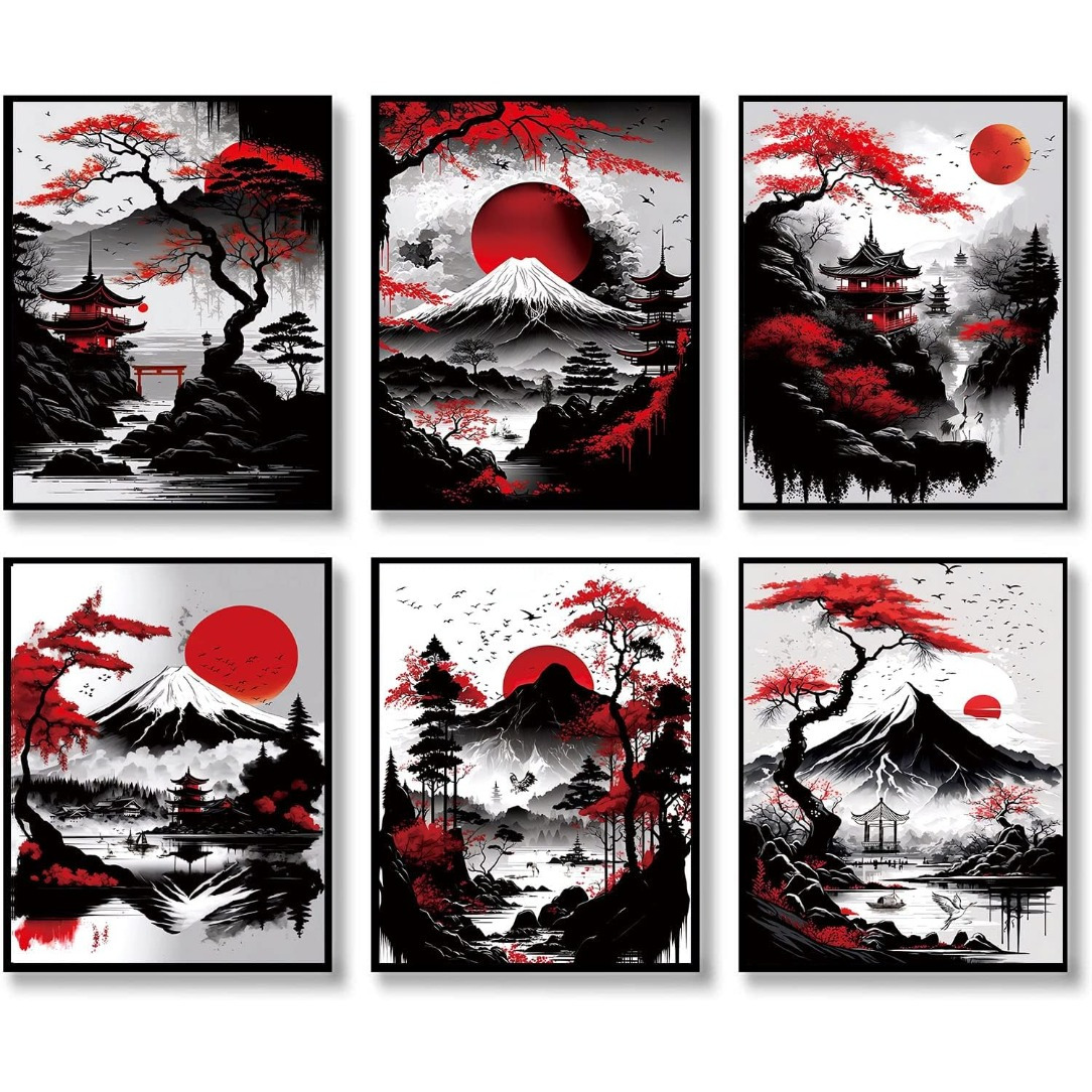 

6pcs Japanese Landscape Art Posters, Cherry Tree Picture Art Paintings, Asian Natural Landscape Prints For Living Room Bedroom Wall Decoration 8*10inches