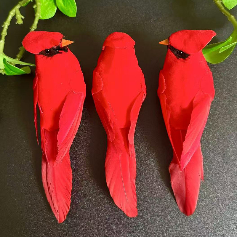 Image of 3pcs Artificial Red Feathered Birds, Modern Home Decor, Polyurethane Hanging Ornaments For Room And Holiday Decoration, Bird Decoration Simulation Technology, Garden Decoration