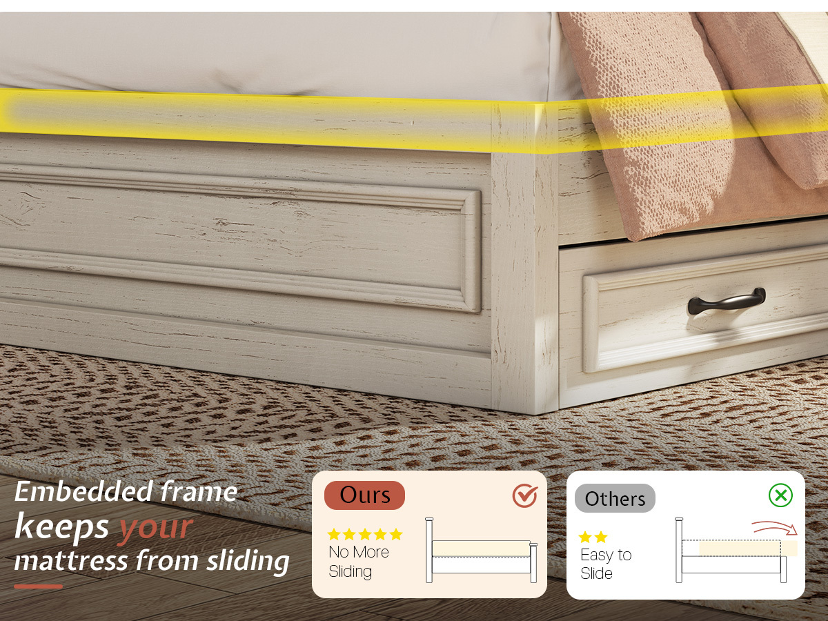 PAPAJET Storage Corner Bed Frame with Bookcase Headboard LED Lights Charging Station and Drawers Farmhouse Platform Bed for Bedroom