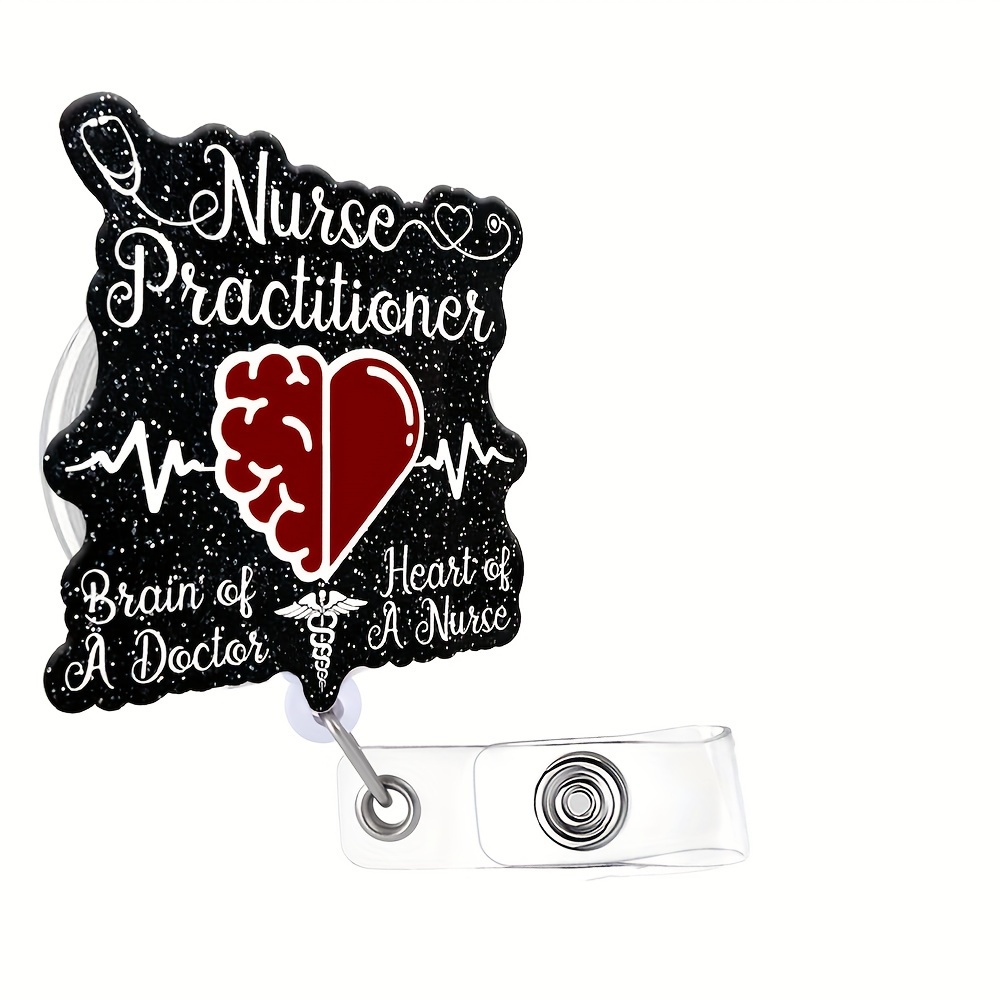 TEMU 1pc 2d Flat Acrylic Nurse Badge Scroll - Black Shimmering Heartbeat Design With " Brain, Heart" Slogan, Full Crocodile Clip Badge Holder For