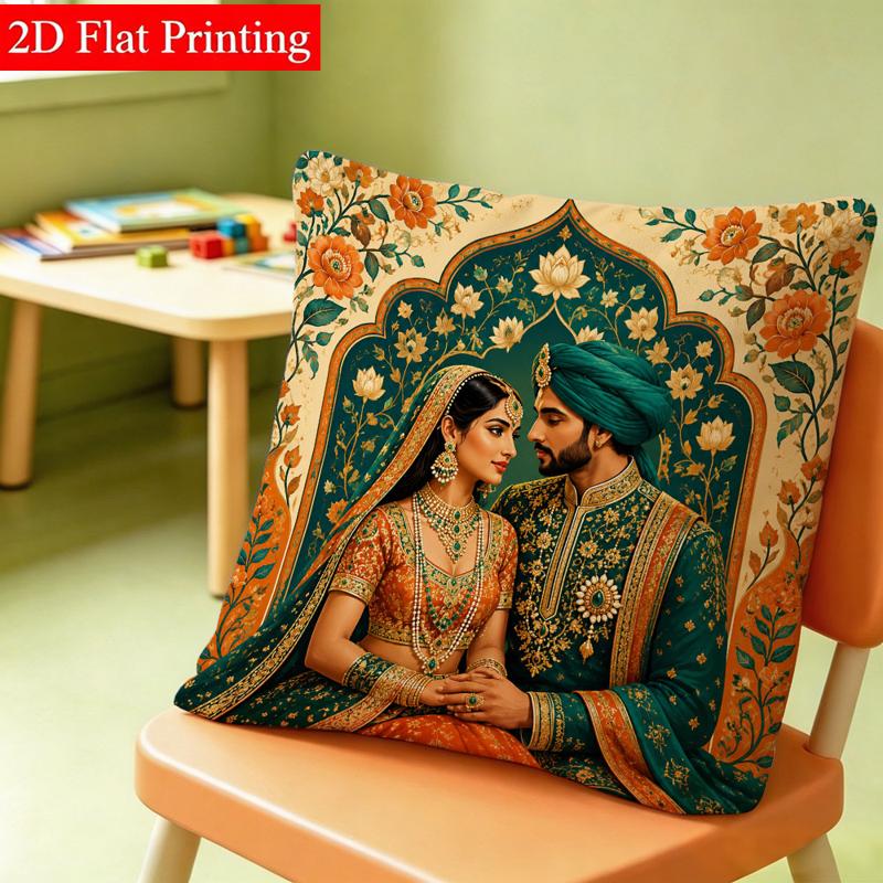 TEMU Indian Wedding Couple Pillow Cover, 45x45 Double-sided Printed, 2d Flat Printed For Home Decor, Floral Arch Pattern, For Living Room Bedroom,