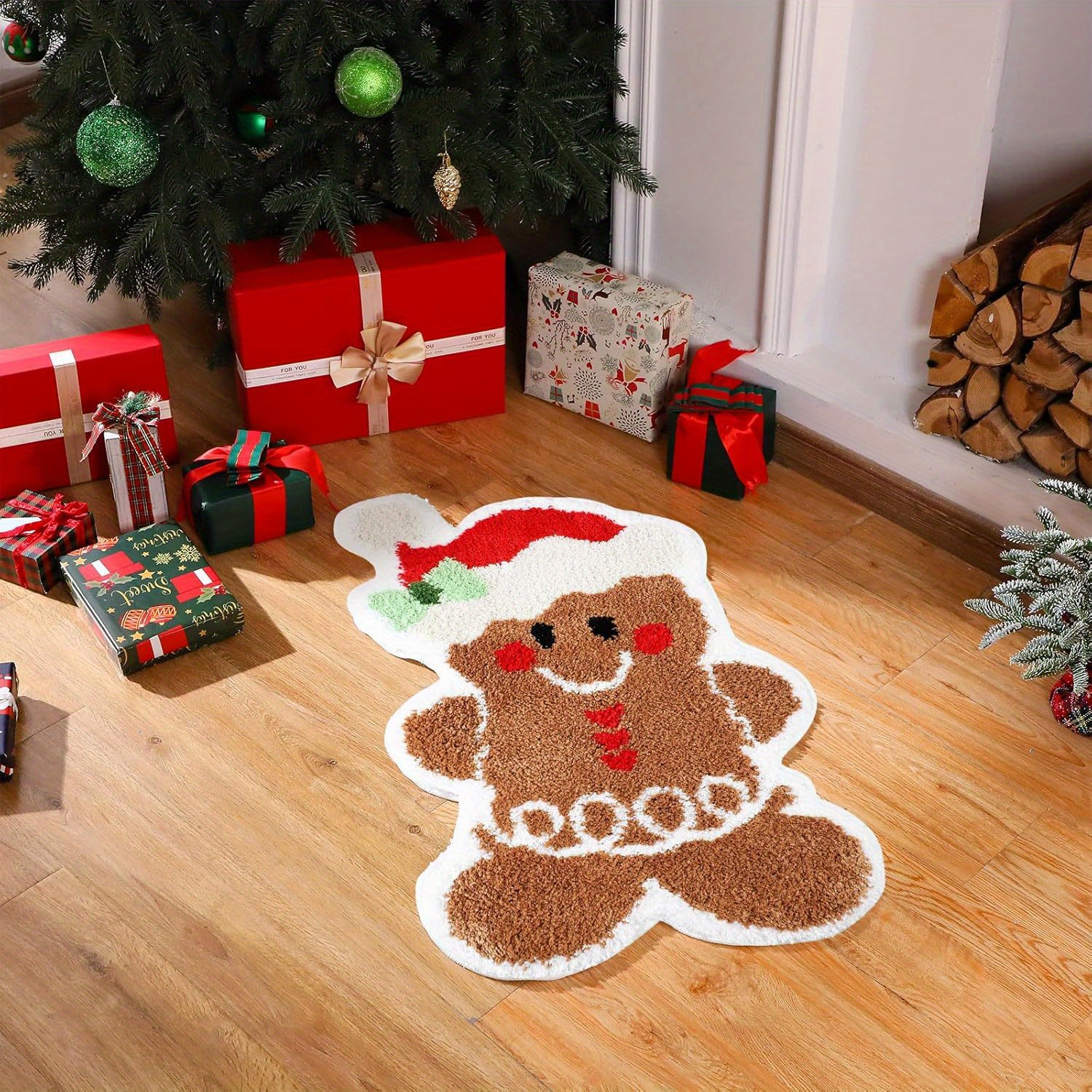 Image of Mohair-like Christmas Gingerbread Man Bath Mat Cute Christmas Living Room Kitchen Entrance Door Decor