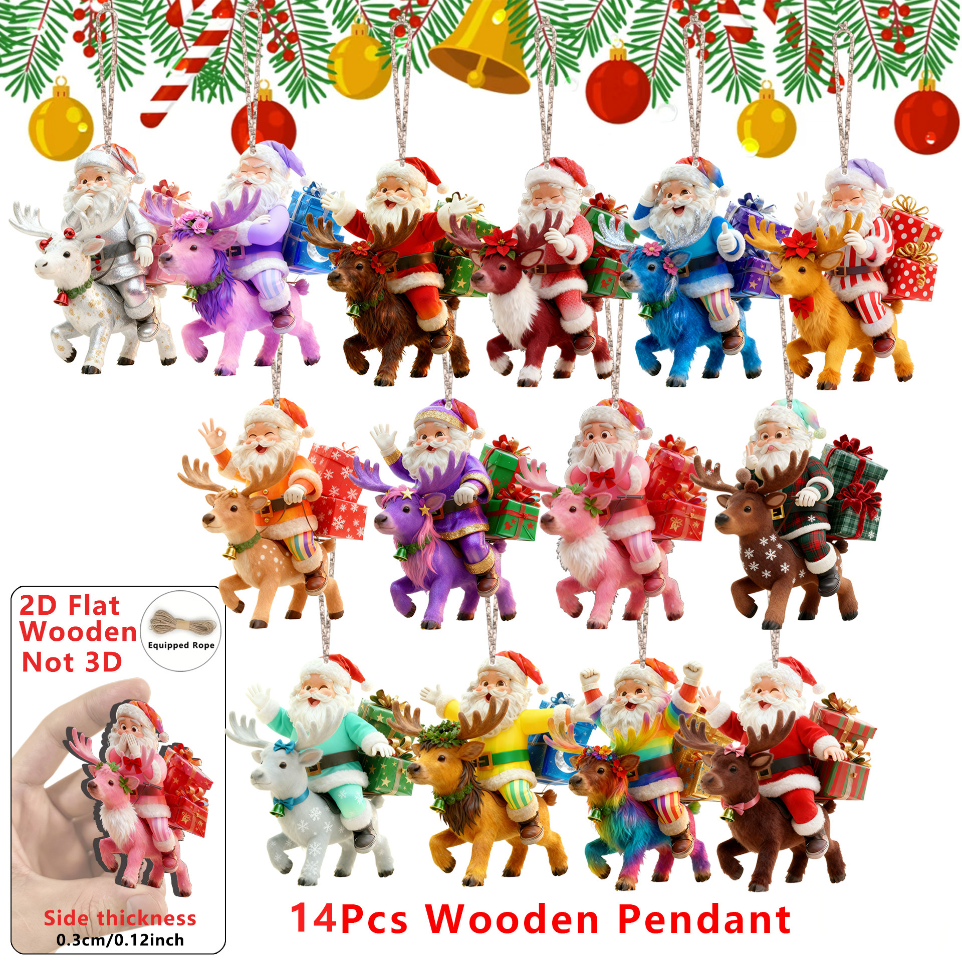 TEMU 2d Flat - 14pcs Set Of Colorful Wooden Santa And Reindeer Pendants, Perfect For Decorating Your Home, Office, Classroom, Or For Use In Party