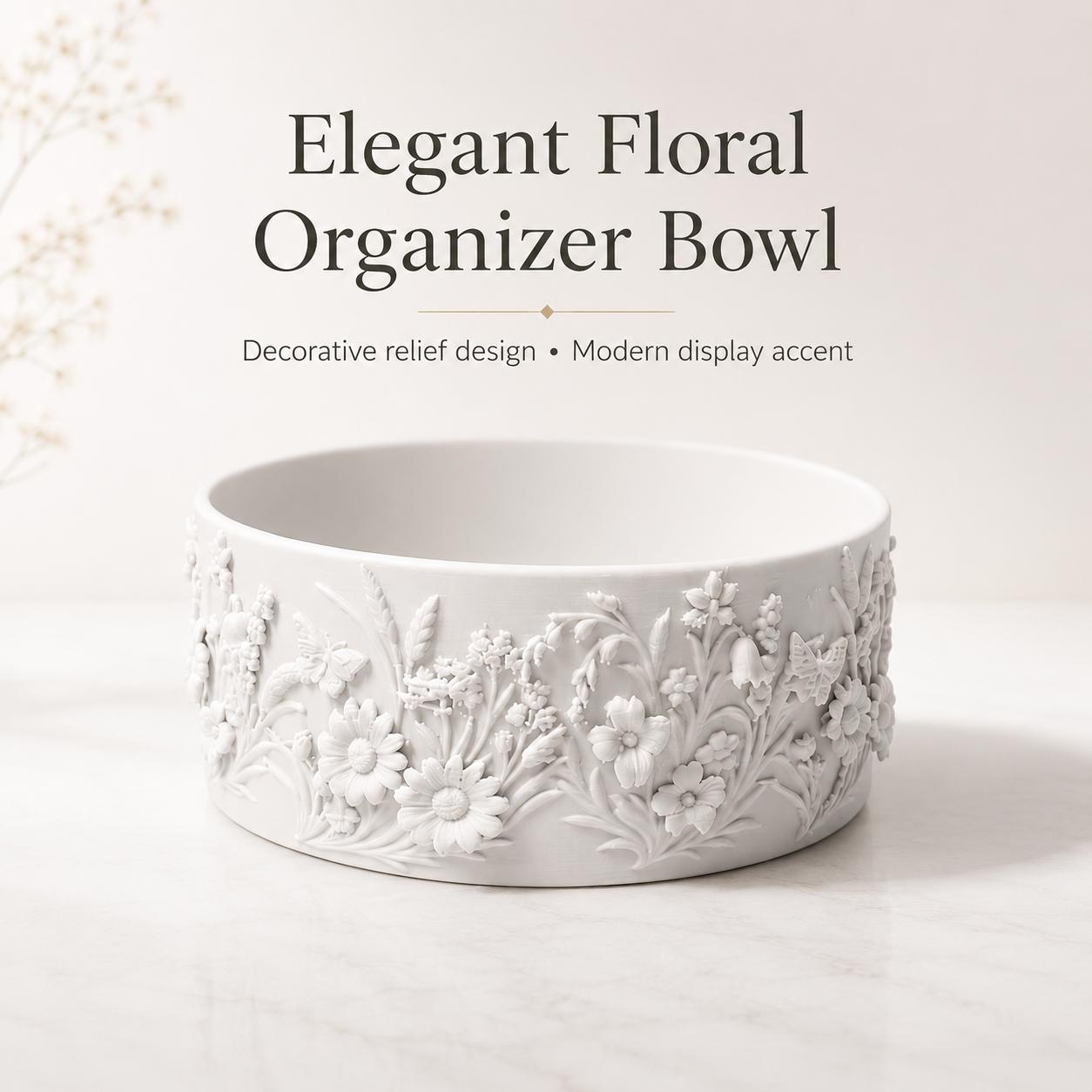 Image of Floral Embossed Round Decorative Bowl, Ornate Relief Storage Organizer, Elegant Tray, 2 Colours White And Black, For Vanity, Dresser, Living Room And Home Decor, Jewelry Trays