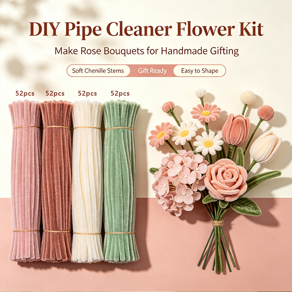 TEMU Kit de matériel de bricolage floral de 208 pièces comprenant des bâtonnets à pompons roses en poudre de , décoration de atmosphérique, création