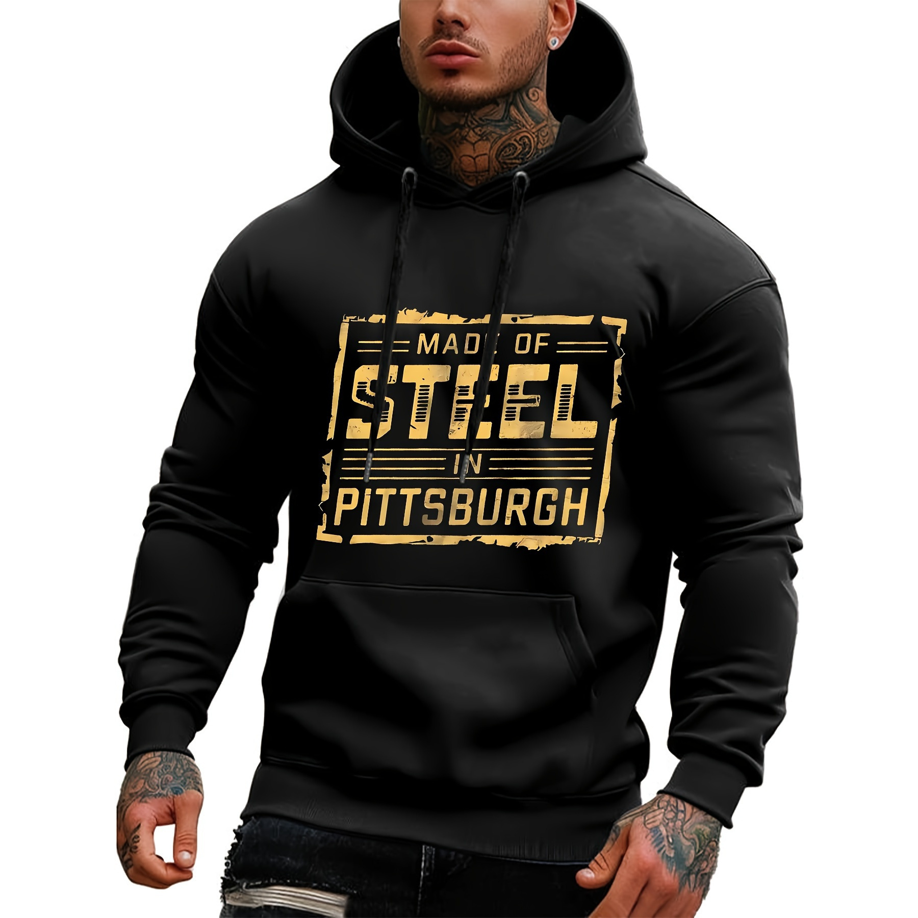 

1pc Steel - Long Sleeve , Polyester , Regular Fit, Pattern, Hooded Sweatshirt