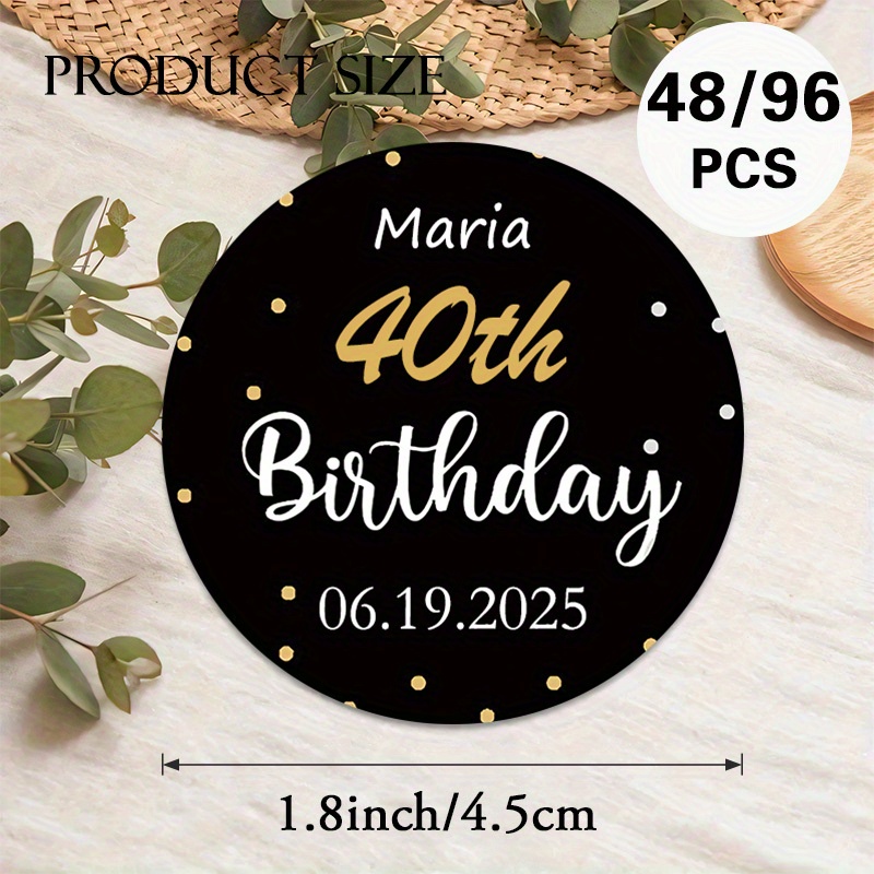 TEMU Custom 48/96pcs Birthday Circular Stickers, Personalizable With Names & Dates. Sophisticated Black - . For Birthday Invitations, Gift Wrapping,