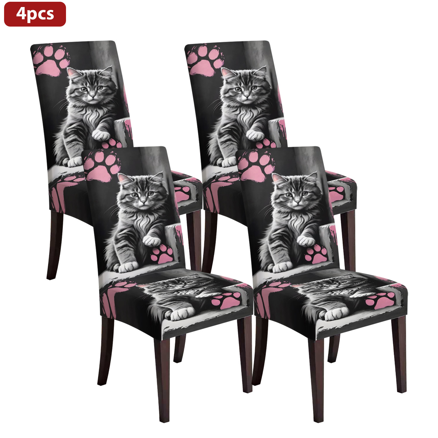 TEMU Coprisedie elasticizzati /4/6 pezzi con gatto grigio e stampa di rosa, coprisedie elastici con motivo a gatto su sfondo , protezioni per sedie