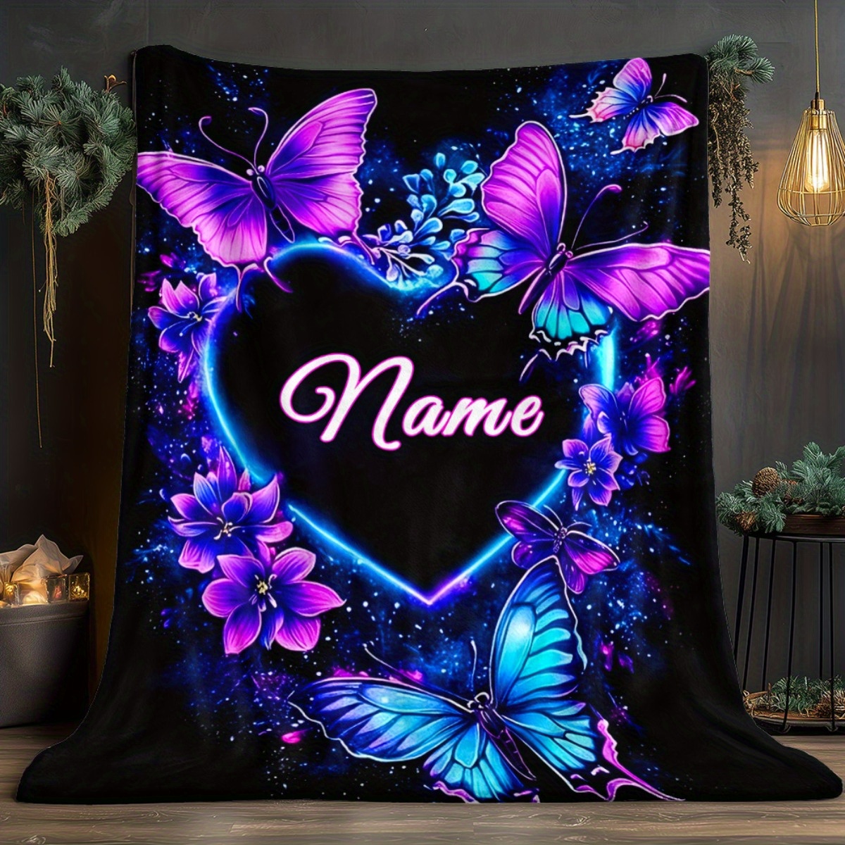 TEMU Custom Name Heart-shaped Pattern Flannel Blanket - Lightweight, Soft, And Suitable For , Modern With Bright Purple-blue Butterflies And ,