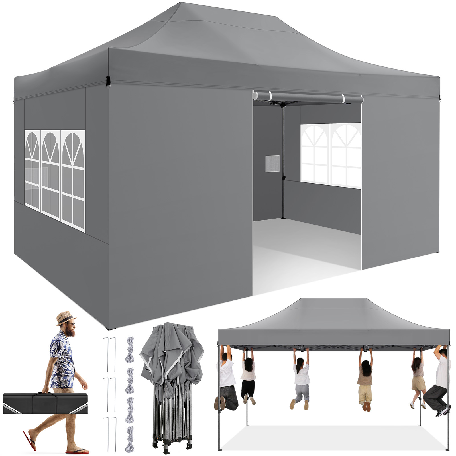 TEMU Tente d'extérieur robuste 3x4.5m | 3 réglages de hauteur, latéraux amovibles, tente commerciale pop-up, tente instantanée facile à installer,