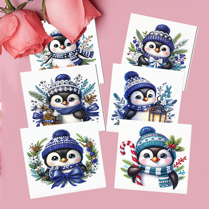 TEMU 6pcs Diy Christmas Penguin Diamond Painting Holiday Greeting Card Set With 6 Envelopes, Special-shaped Mosaic Postcard Craft Kit, Suitable For