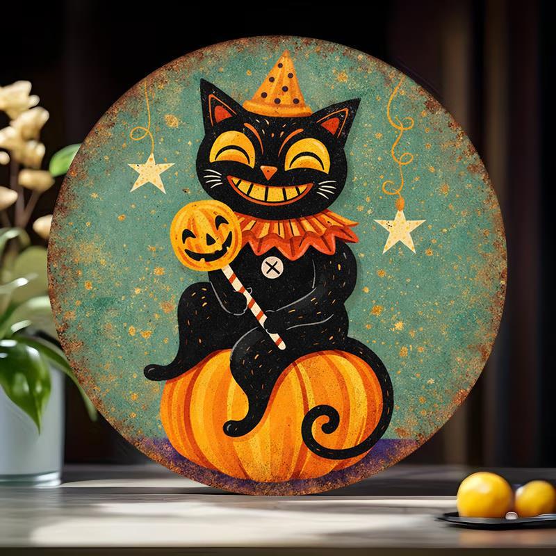 TEMU 2d Flat, [2d Flat] 2d Flat Halloween Black Cat Pumpkin Pattern Metal Sign Round Decorative Paing, Size( 7 87 Inchesx7 87 Inches/20 Cm*20cm),