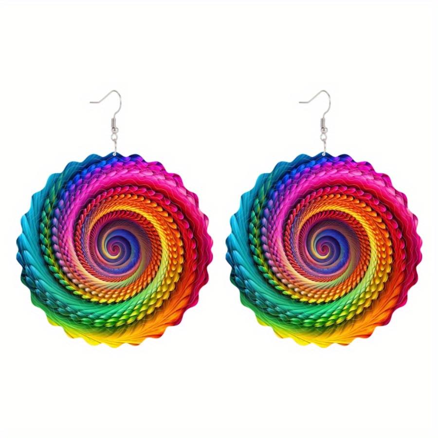 Image of 1 Pair Of Multi-colored Mandala Wheel Wooden Earrings - "whimsical " Jewelry For , Everyday Holiday Music Festival Wear, With Design - A Great Gift For