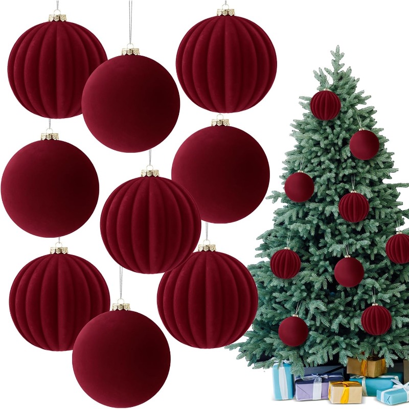 TEMU 9-teiliges 4-Zoll Dual-Textur Samt Weihnachtskugel Geschenkbox, Pinke Strich Glänzende Kleine Samt Ornament, Retro Hochzeit Weihnachts Tischdeko