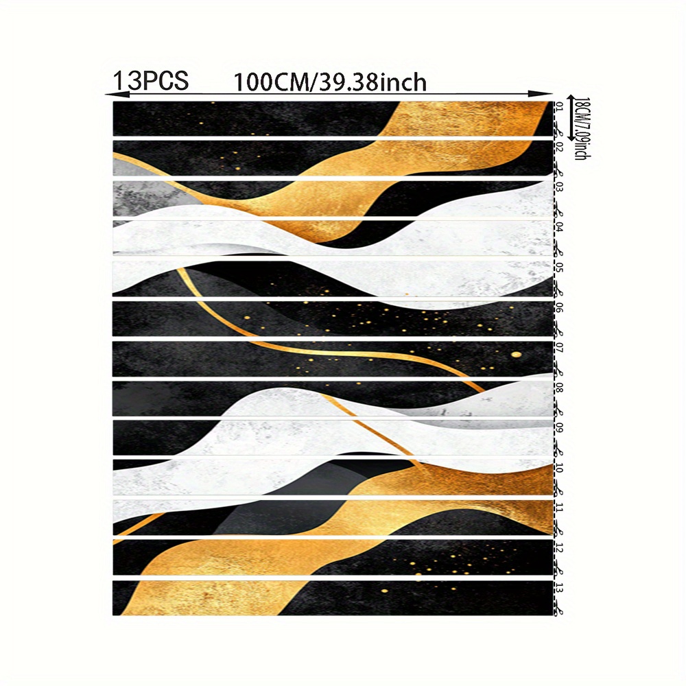 13pcs Modern Abstract Black and Golden Wavy Staircase Decals - Self-Adhesive Vinyl Stair Riser Murals, 100.0cmLx17.98cmW, Peel and Stick for Easy Installation, Elegant Home Décor for Staircases