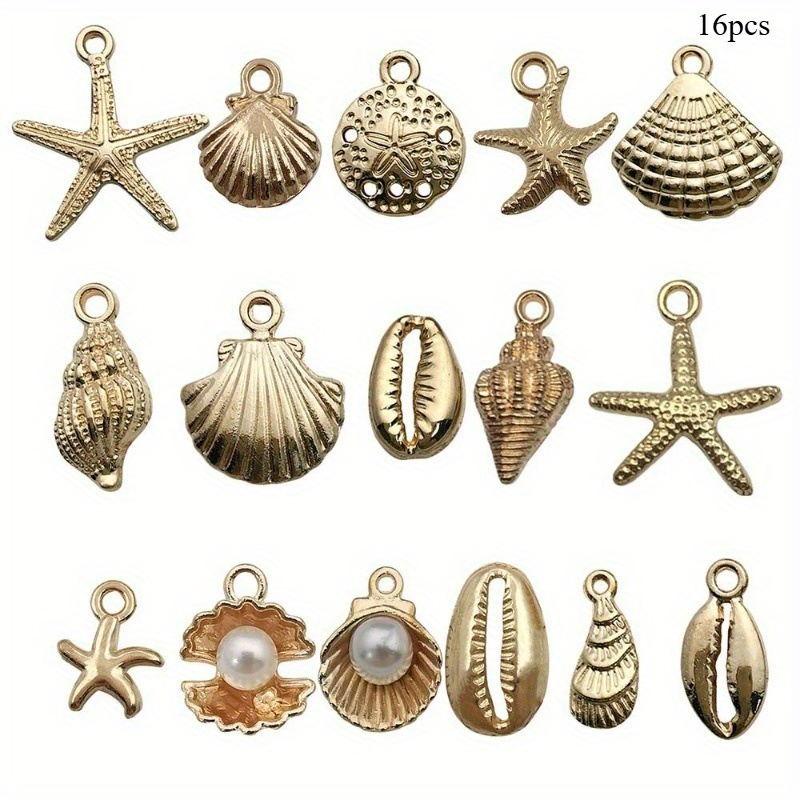 E-shop 16 Stück Zinklegierung Schalenanhänger, Seestern- und Muschelanhänger, hellgoldene Schmuckherstellungszubehör im Ozean-Thema, geeignet für