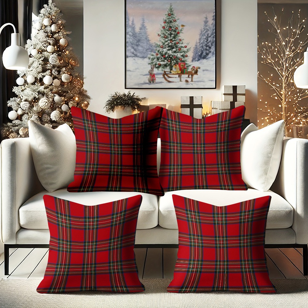 TEMU 4pcs Of Red Cushion Covers Featuring A Scottish Tartan Print, Equipped With Zippers For , Suitable For Christmas Bedding And Home Decor In Red,
