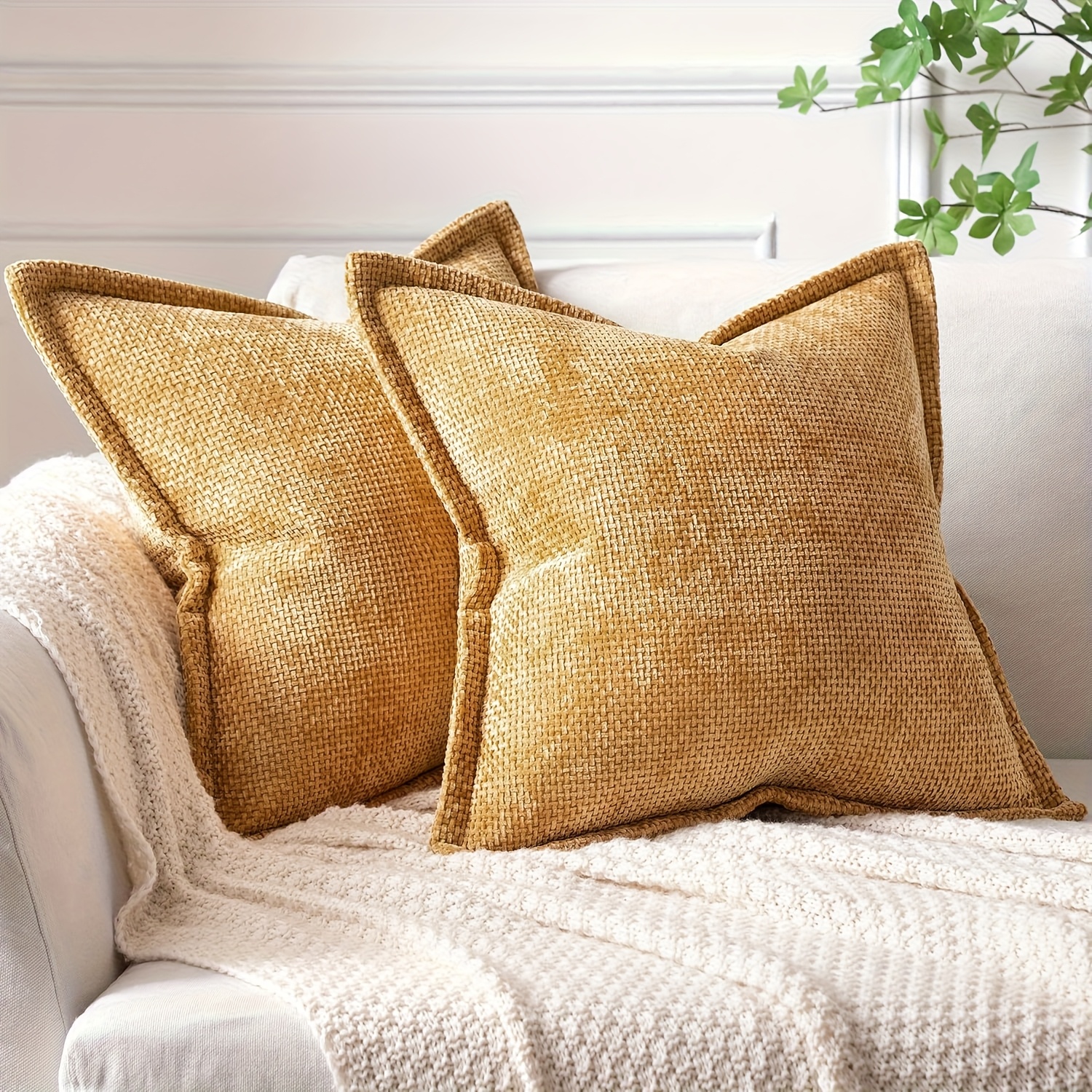 2pcs Simple Cushion Cover For Living Room Sofa Or Bedroom, Made Of Chenille Fabric With A Small Checkered Weave Pattern And Piped Edges