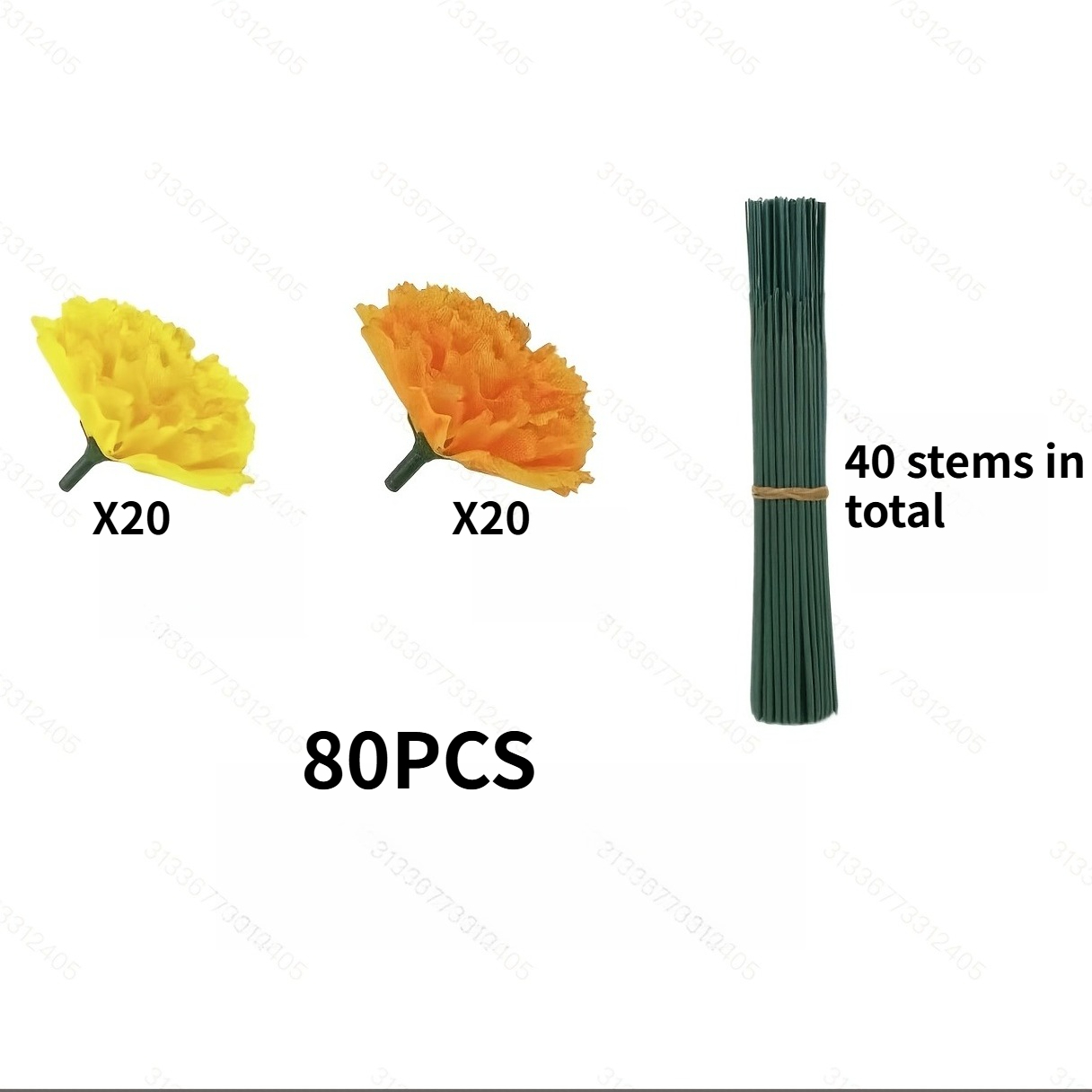 TEMU 80pcs (20pcs Têtes de fleurs jaunes et 20pcs Têtes de fleurs orange et 40pcs Tiges) Marigoldens artificiels bicolores jaune-orange, Têtes de