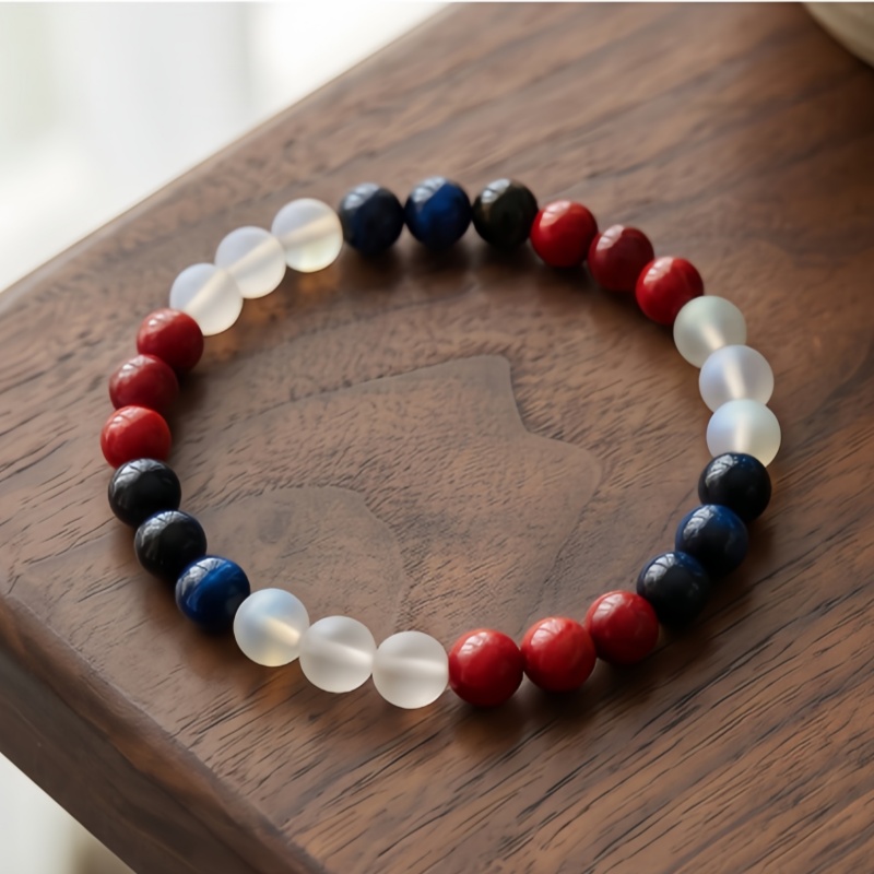 1pc   natural stone bead bracelet red blue white tricolor elastic cord bohemian chinese beads suitable for daily wear parties gifts for wrist accessory for graduation valentine day  