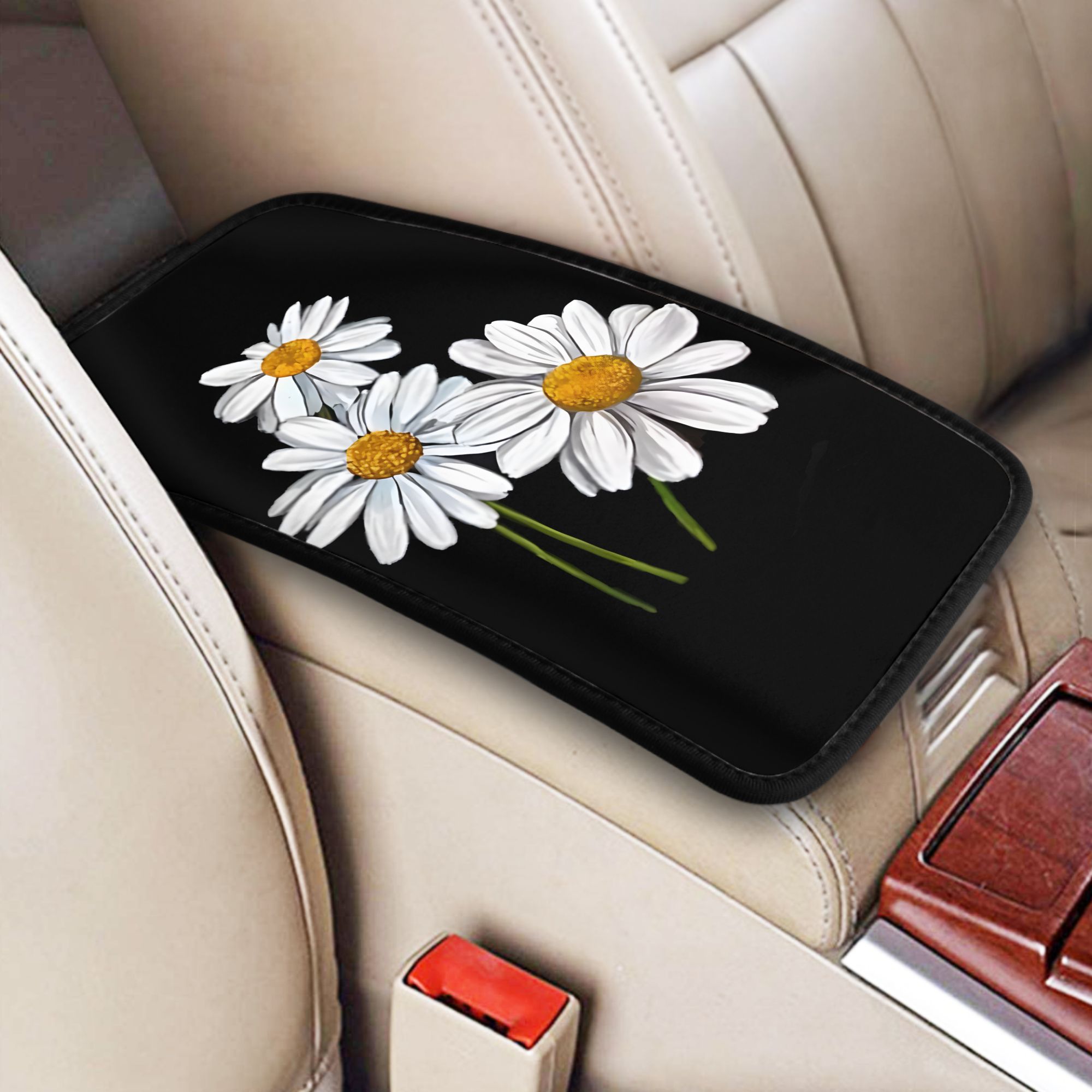 TEMU 1 Pack Fresh Realistic White Daisy Flowers Printed Car Center Console Pad, Car Armrest For Sedans, Suvs And , Durable Fabric, Car Interior Gift