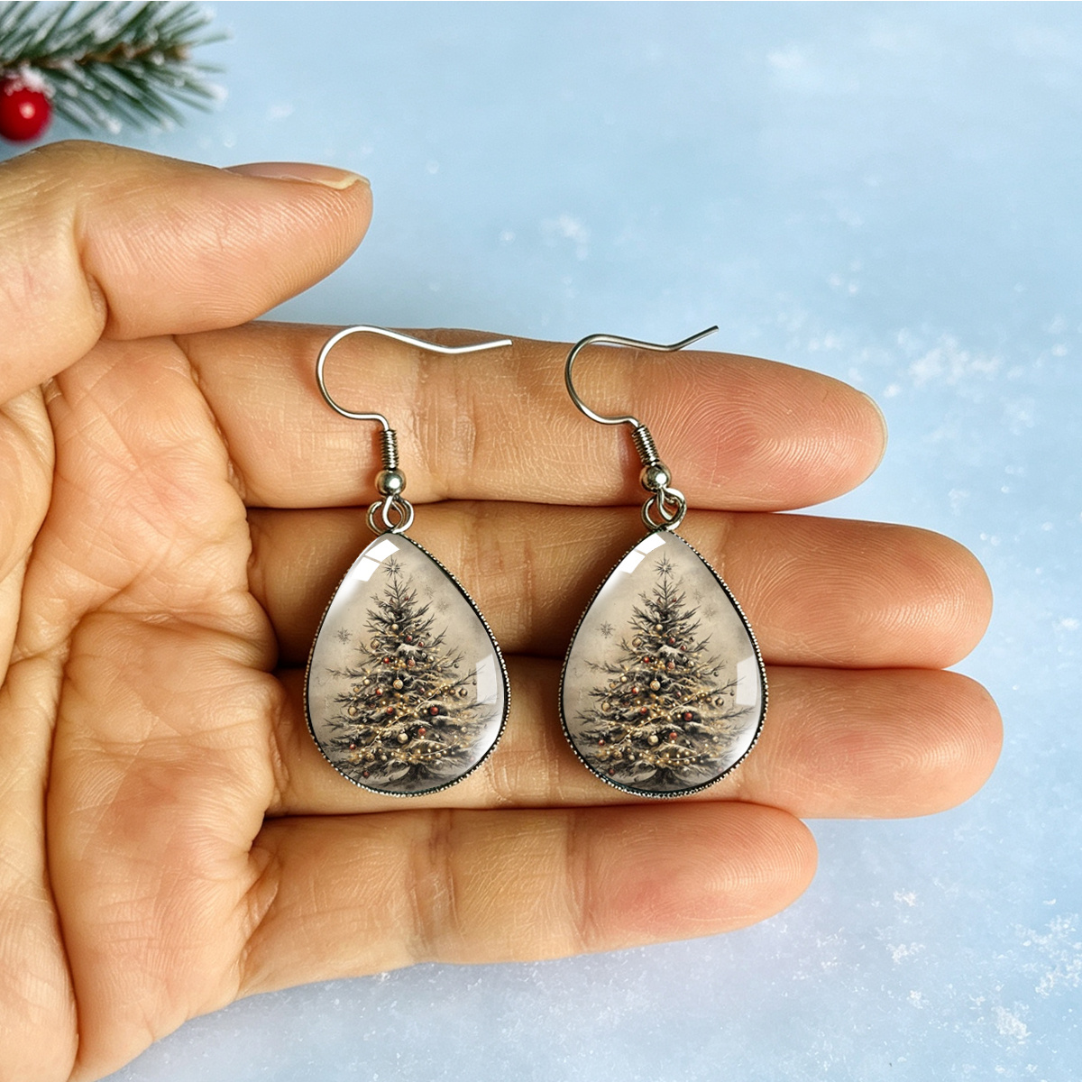 Vintage Distressed Christmas Tree Pattern Drop Earrings