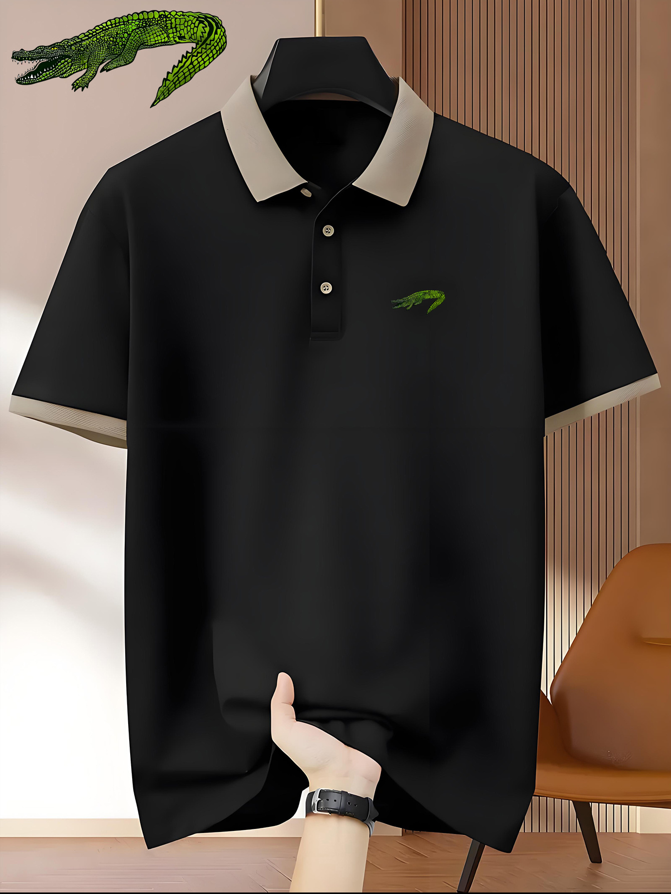 Men'S Premium Business Casual Polo Shirt - Knit Polyester Fabric, Regular Fit, Short Sleeve, Lapel Collar, Slight Stretch, Geometric Pattern with Button Detail, Summer Style