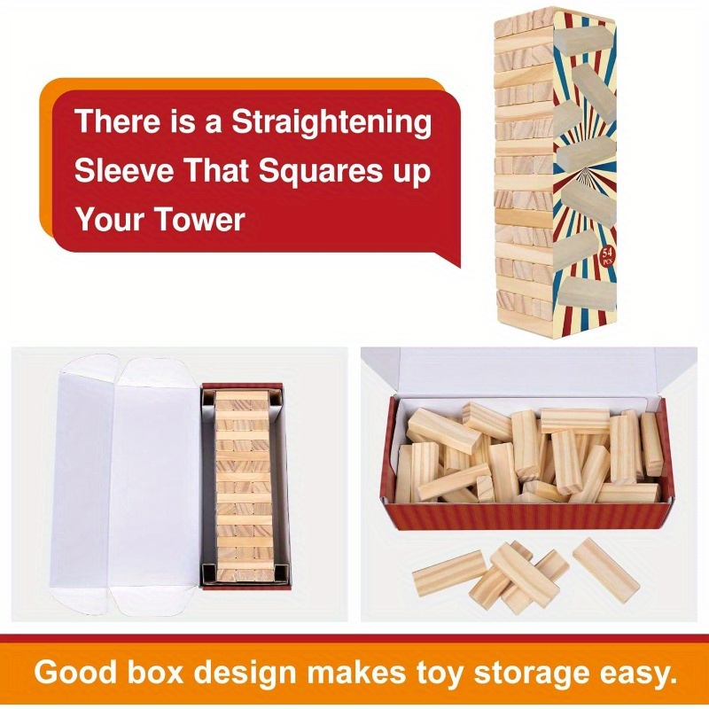 Tumble Tower Game for and Adults 54pcs Wooden Board Stacking Game for Family Games Night Classical Wood Blocks Game Standard Size