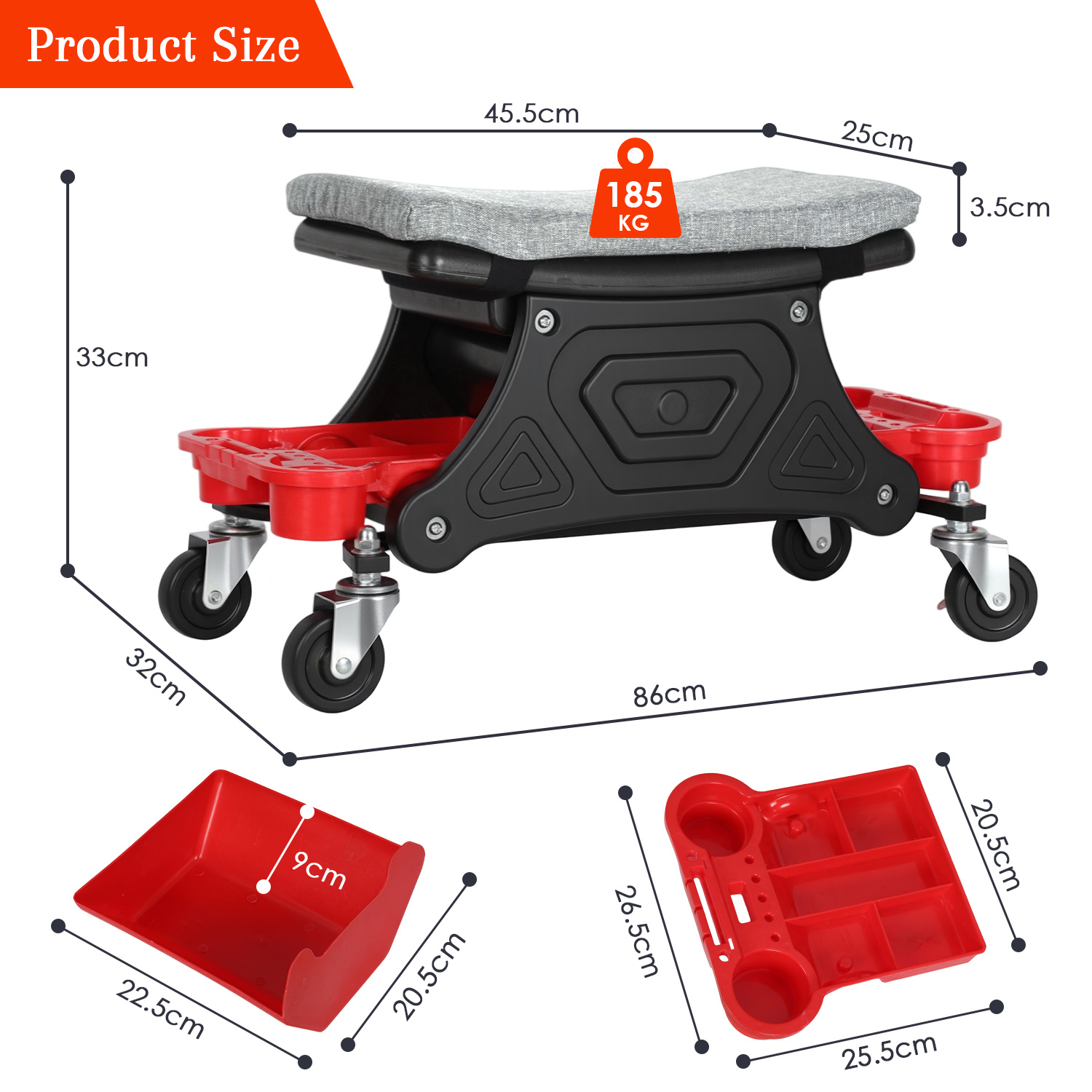Image of Rolling Garage Stool With Tool Storage, Heavy-duty Workshop Creeper Seat With Wheels & Brakes, 185kg Capacity, Padded Ergonomic Mechanic Stool For Auto Repair