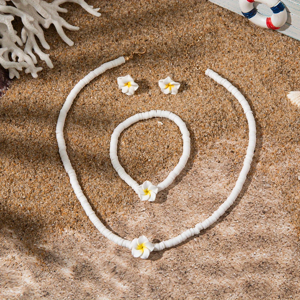 E-shop 3-teiliges/Set Böhmischer Urlaubsstil Weiche Töpferei Ei Blumen Halskette Ohrring Set Nautischer Stil Damen Schmuck Set Perfektes