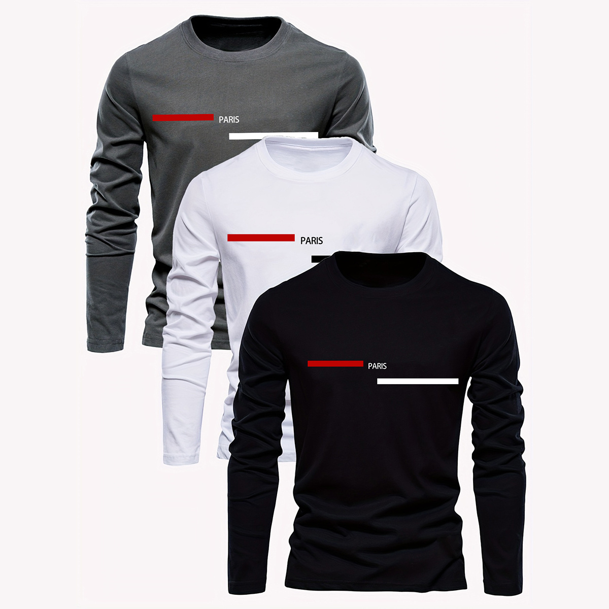 

3-pack Men's Casual Crew Neck Long Sleeve T-shirts, Polyester Knit Fabric With Slight Stretch, Regular Fit, Alphabet Pattern Detail, 95% Polyester 5% Elastane