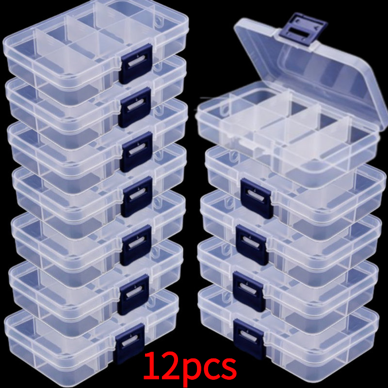TEMU 12 Transparent Plastic Storage Boxes With Adjustable Dividers - 8 Compartments, Dust-proof Lids | Sorting Containers, Suitable For Bead Storage,