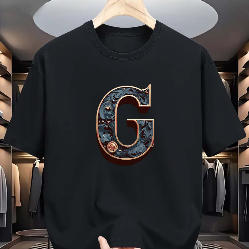 

Men's Casual Crew Neck T-shirt With "g" Letter Print, 100% Polyester Knit Fabric, Stretch, Regular Fit, Summer Short Sleeve Top, Fashionable & , 180gsm - Perfect Gift For Adults