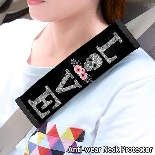 para cinturón de seguridad LOVE Calavera Azucarada con estampado floral rosa, protector de universal para cinturones de seguridad de coche, y cómoda para el cuello, correa de mochila y de decoración anti-desgaste para cinturón de seguridad para coche, SUV, camión, 0601Jd (167)