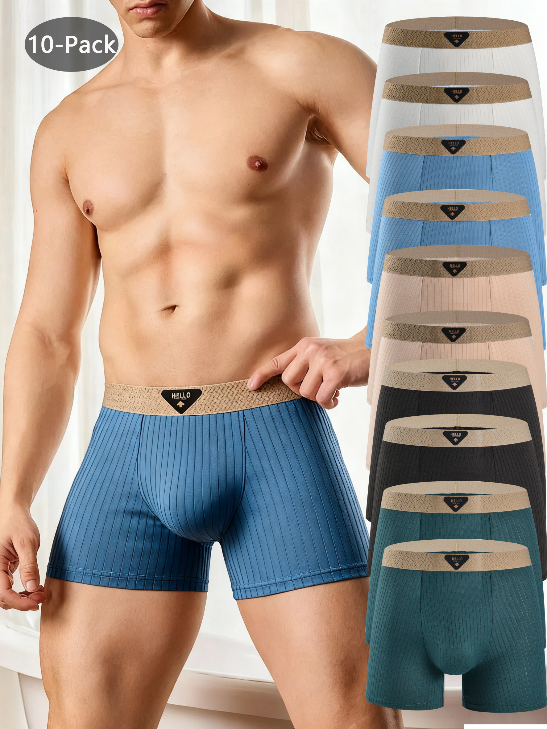 10pcs mens long sleeve boxer briefs full coverage athletic fit underwear stretch   breathable color block   multi color durable casual pants style briefs novelty gift idea for men bulk pack