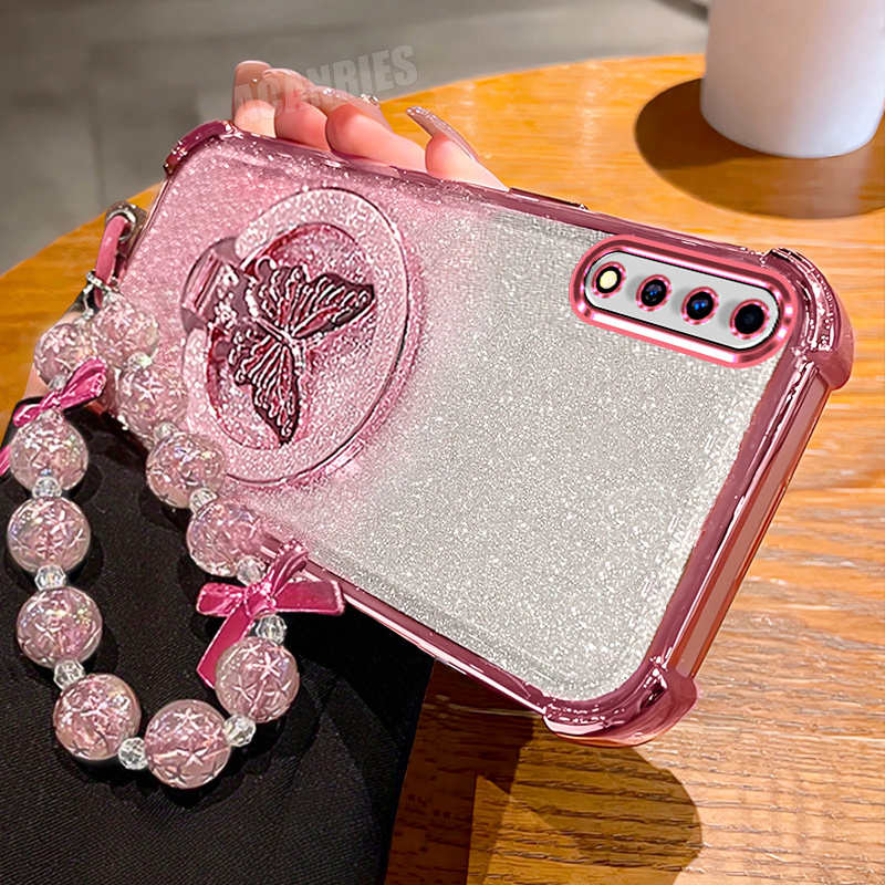 TEMU Phone Case: A 70 Luxury Glitter Bracket Folding Holder With Bead Lanyard Wrist Strap Chain And Gradient Plating Phone Case For For Galaxy A70