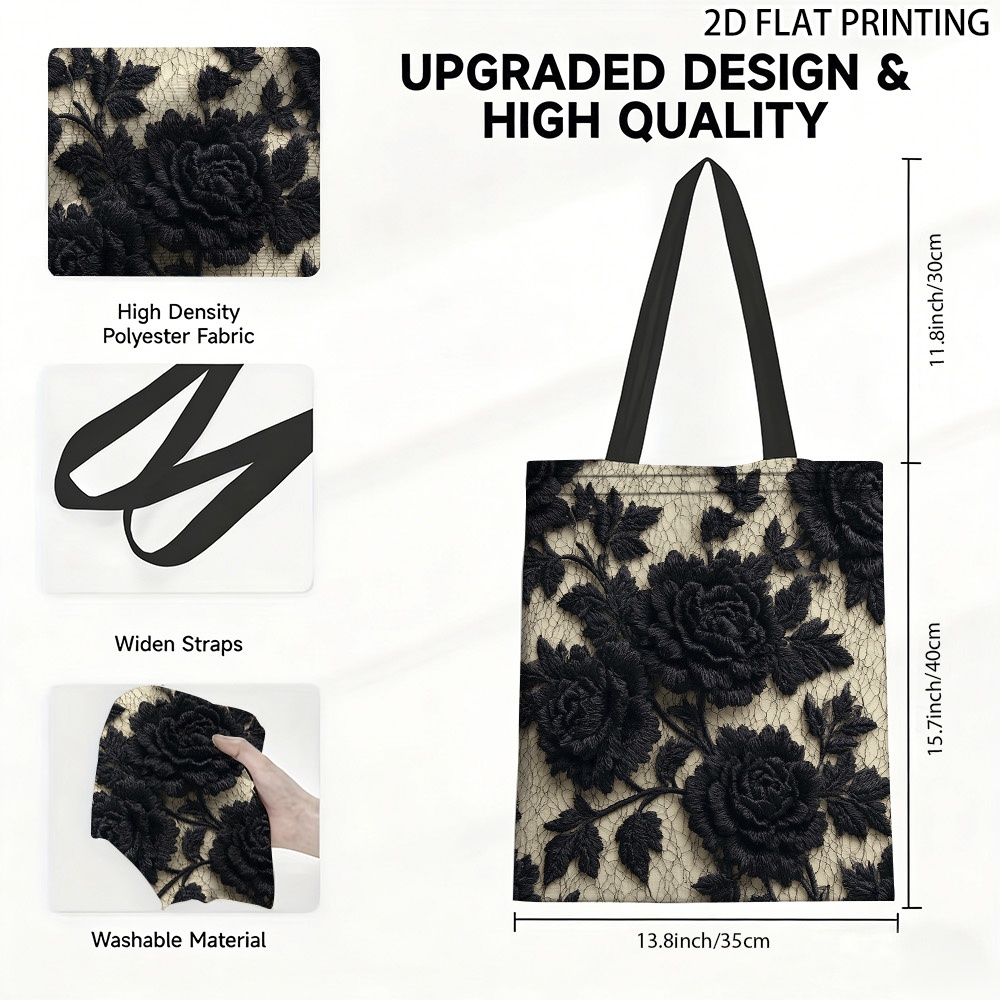 TEMU 1 pièce Grand sac fourre-tout carré adapté pour , le camping et la plage - Léger et durable avec impression florale noire par transfert à chaud,