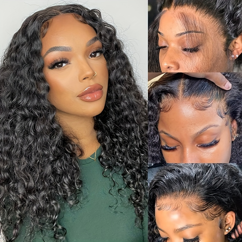 180 density brazilian deep wave lace front wig hd transparent 4x4 closure human hair natural black curly style for women full look versatile hair wig deep pre hairline details 4