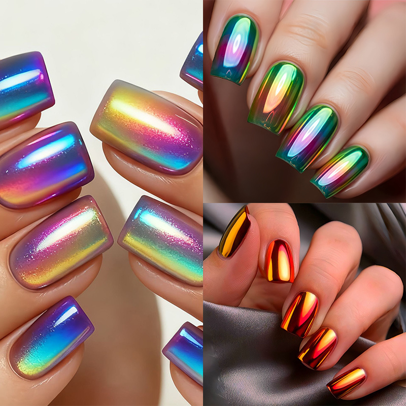 TEMU 72pcs Set Of Holographic Nails With Electroplated Colors - Square Shape, Featuring Rainbow And Red Golden - Ideal For Women's Trendy Fashion -