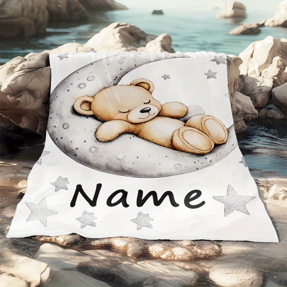 Custom Name Cute Bear Blanket, Portable Lightweight Flannel