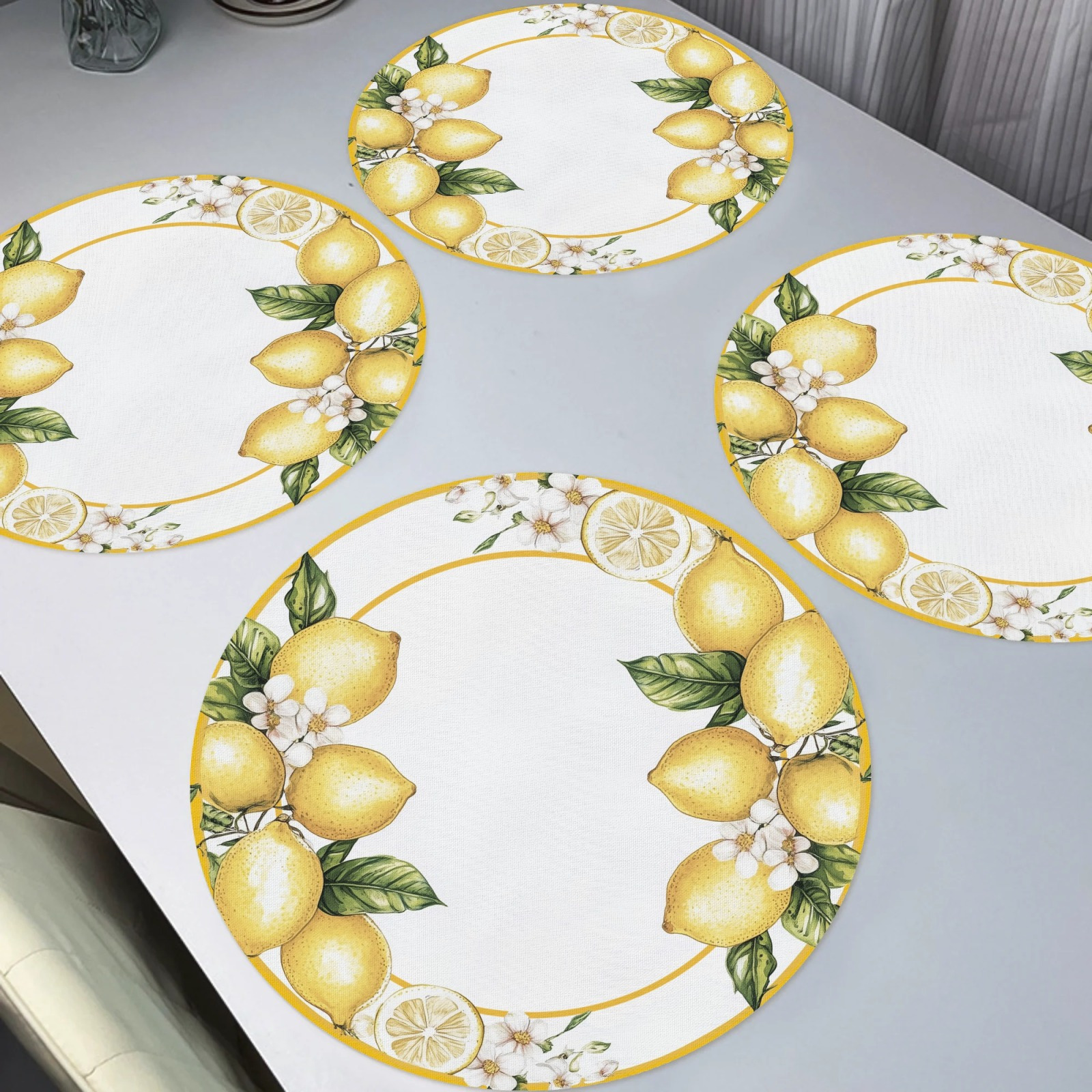 

4pcs Round Lemon & Floral Placemats – Non-slip, Washable Polyester Table Mats For Dining, Kitchen, Banquet, Or Party Decor, Hand Wash Only, Valentine’s Day And Everyday Use, Lemon Kitchen Decor