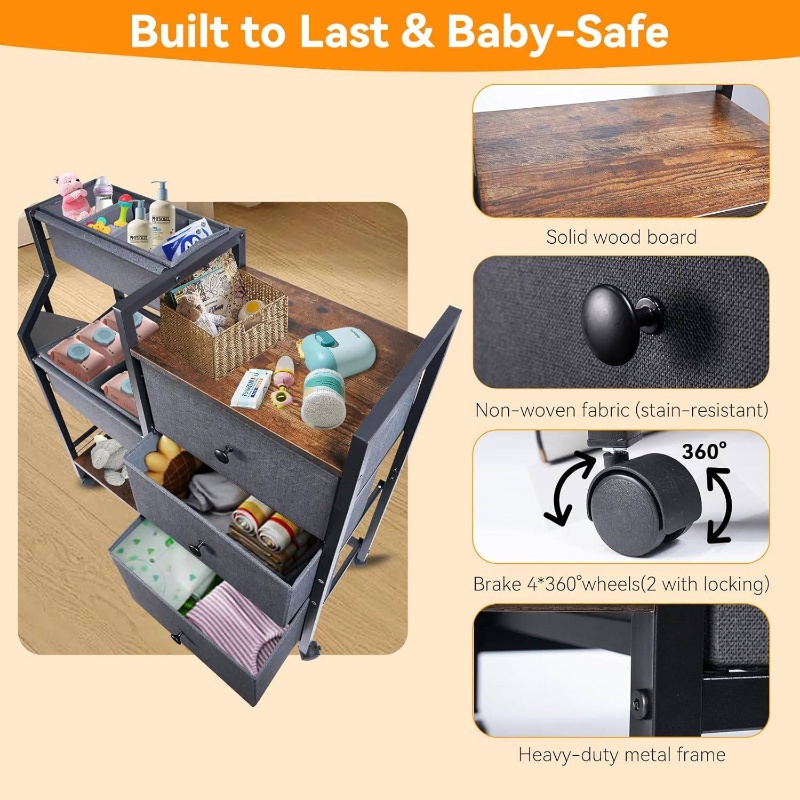 3 Tier Rolling Cart Diaper Caddy Organizer and Storage | with Drawers and Dividers, Essentials Cart for Nursery, Bedroom, Changing Table, Crib