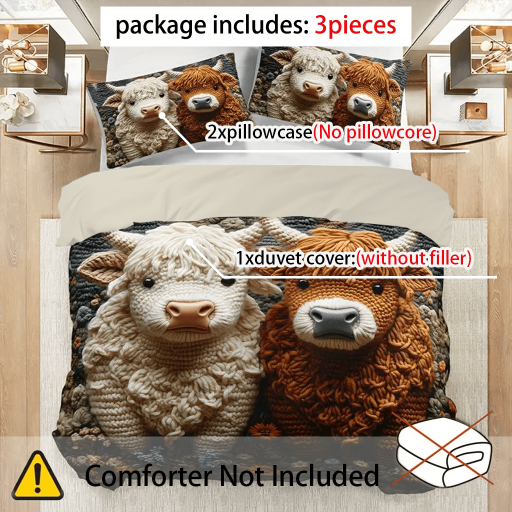 TEMU 3pcs Highland Cow Pattern Quilt Cover Set - 1 Quilt Cover + 2 Pillowcases (excluding Inserts), Cozy Rustic Print For , Decor
