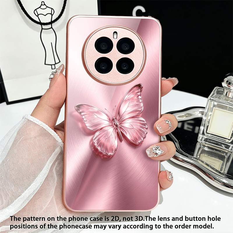 품목 사진 honor magic 7 6 5 lite, honor 200 90 lite, x9c x8b 모든 모델용 [2d 평면] 2d 핑크나비광택날개로맨틱 패턴 세련된 메탈릭 마감 핑크 유리 휴대폰 케이스, 일상 스타일, 시각적 질감