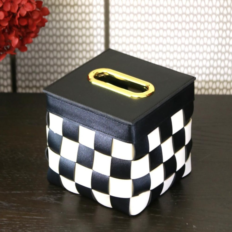 modern cube tissue box cover black and white checkerboard farmhouse decor with golden accent bathroom desk organizer tissue dispenser for living room bedroom office housewarming gift bedroom accessory contemporary design durable construction Product details 1
