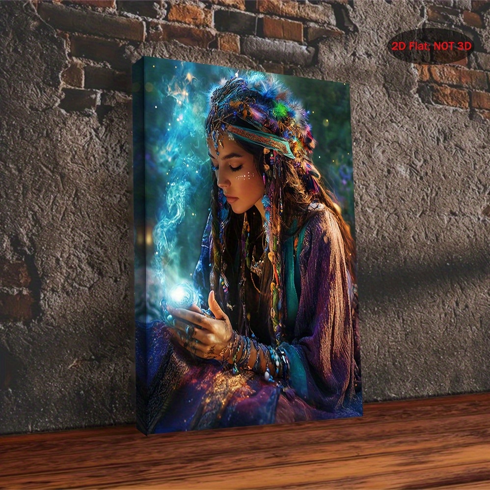 TEMU 2d Flat, 2d Flat, 1pc Bohemian Celestial Goddess Wall Art - A Canvas Painting Framed In Natural Wood, Featuring A Chic Portrait With Detailed