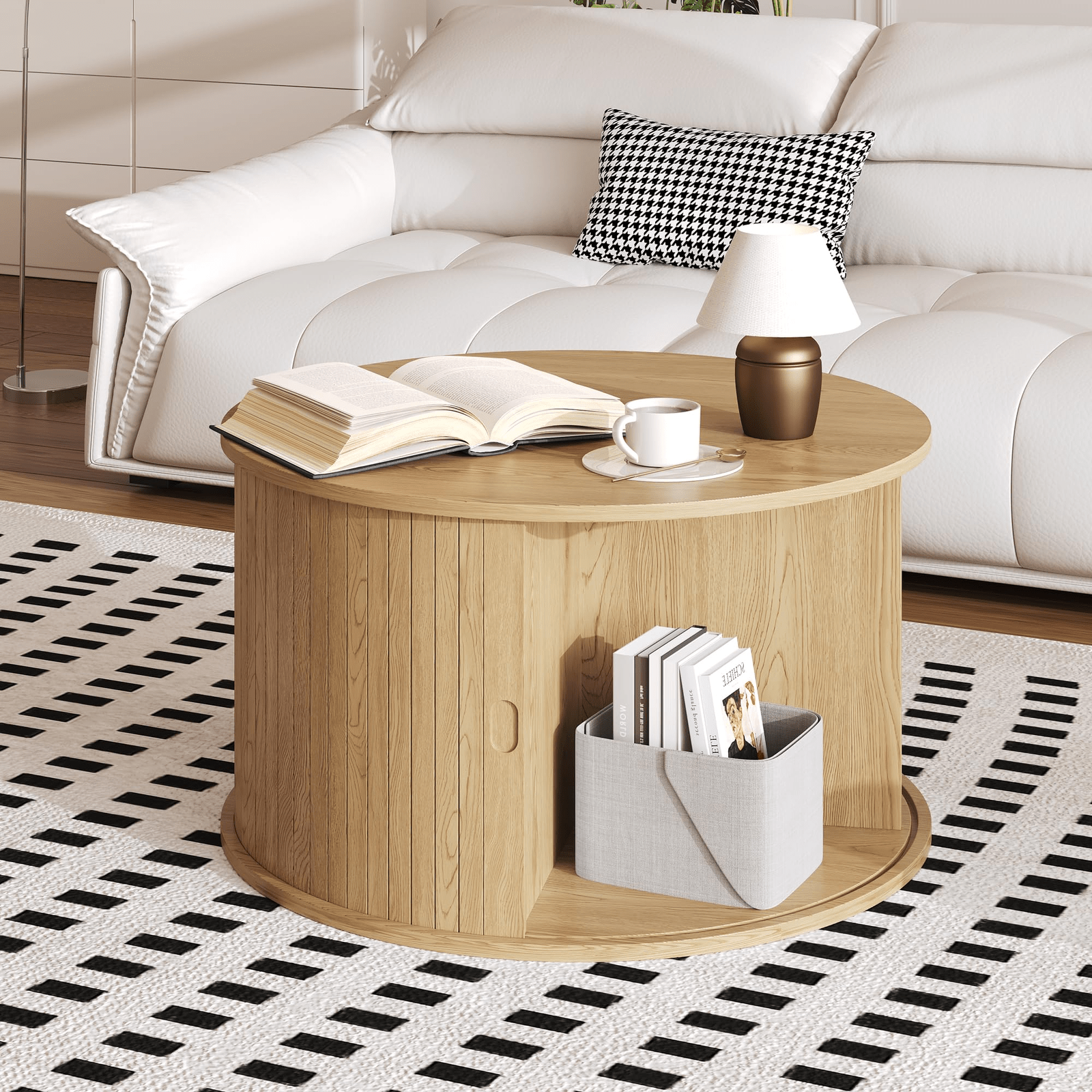 Image of Mid Century Modern Round Coffee Table With Door & Storage Compartment - 28 Inch Fluted Suitable For Living Room, Assembly, Space- Furniture, Non-wood For Small Apartments And Contemporary Homes