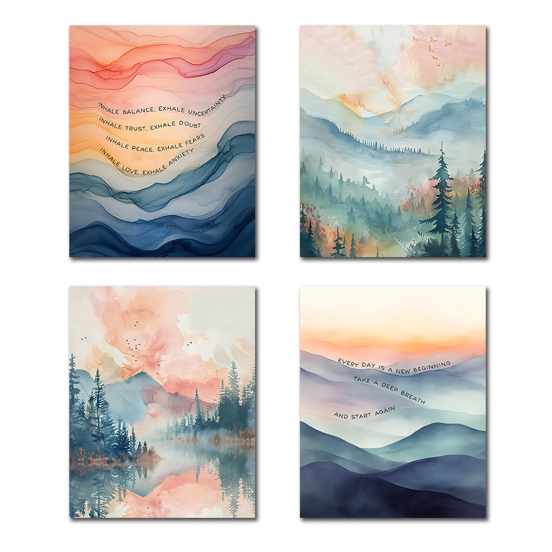 TEMU 4 pièces d'art mural " Expire" pour mentale, aquarelle abstraites pour décoration murale, décoration de bureau, affiche apaisante pour salle de