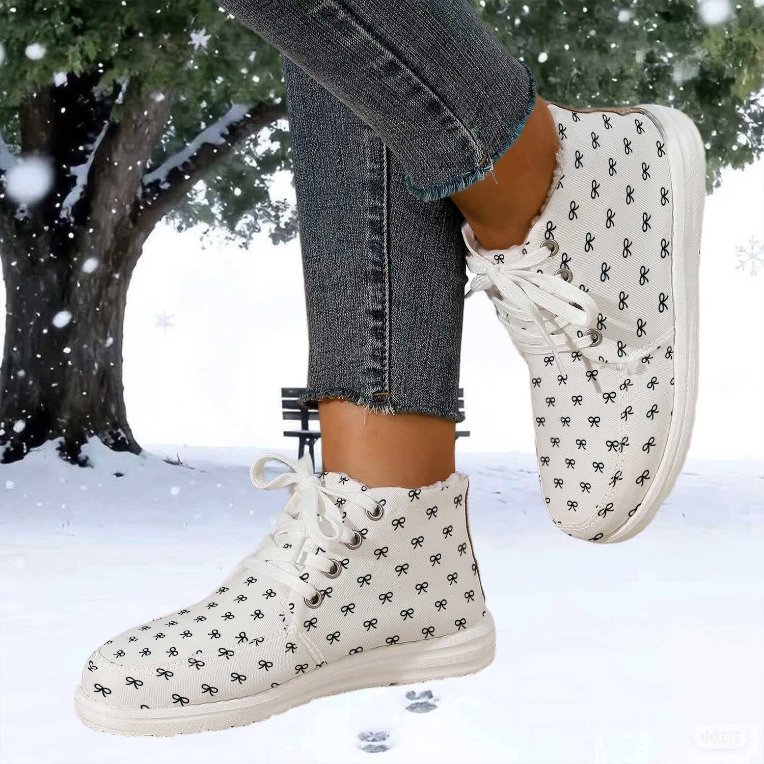 TEMU Short Boots Women's Casual Versatile Lace-up Fleece Warm Shoes, Comfortable Flat Printed Fashion Winter Boots, Retro Commuter Shoes